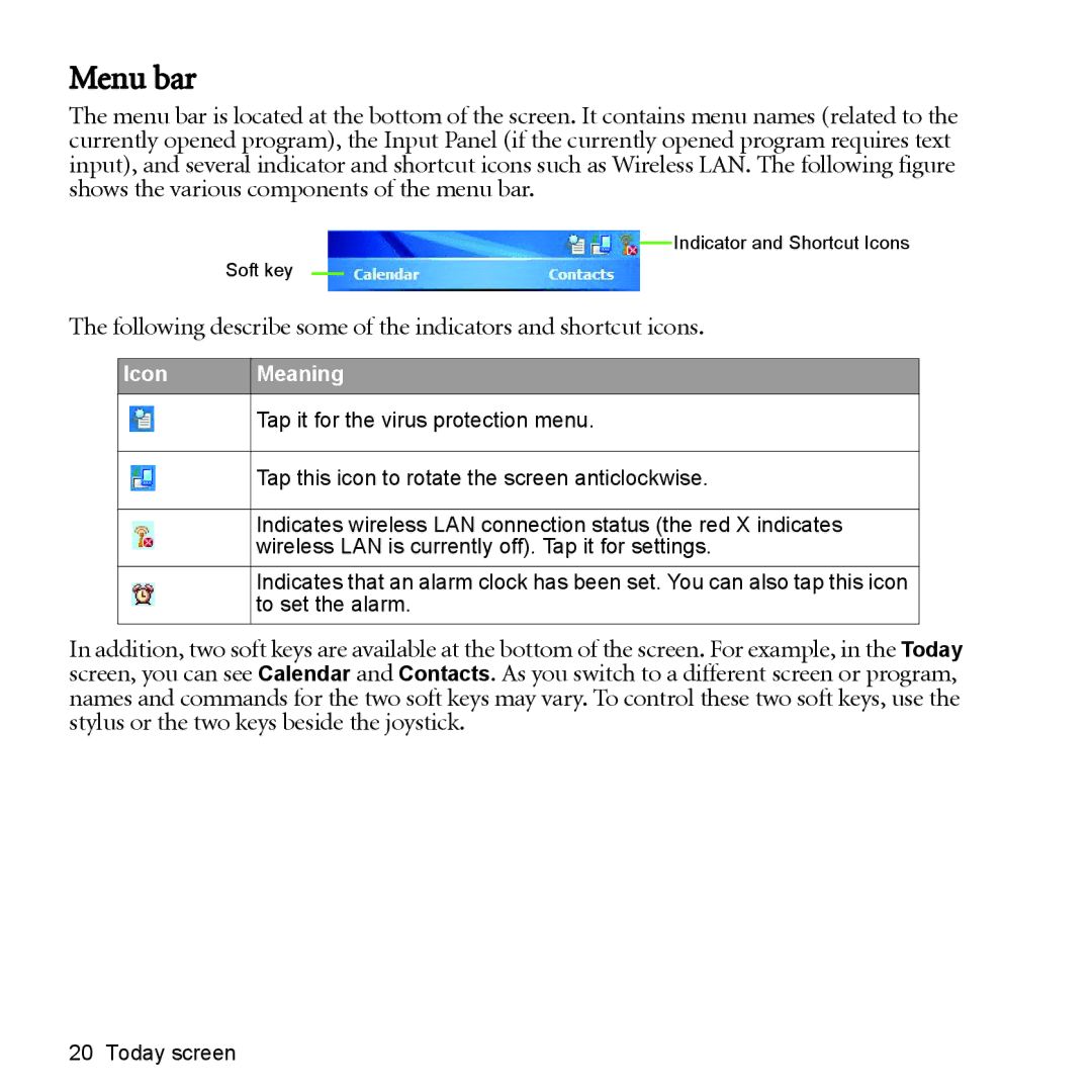 BenQ P51 manual Menu bar, Following describe some of the indicators and shortcut icons 