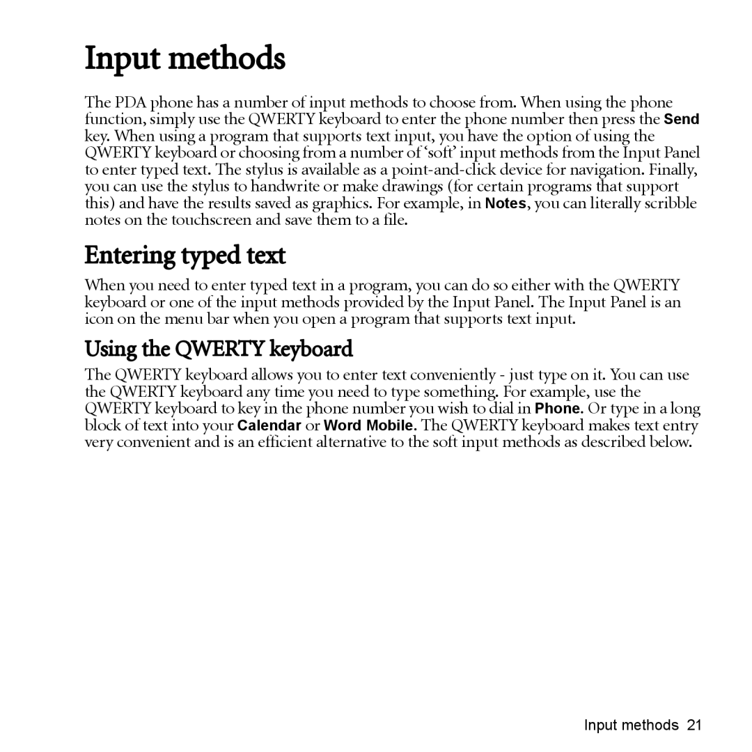 BenQ P51 manual Input methods, Entering typed text, Using the Qwerty keyboard 