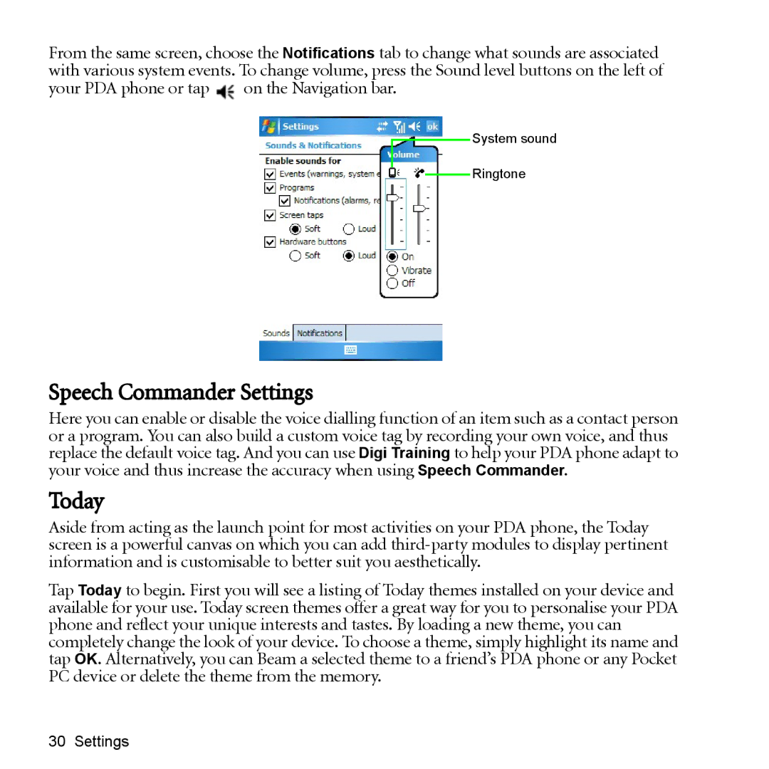 BenQ P51 manual Speech Commander Settings, Today, Your PDA phone or tap on the Navigation bar 