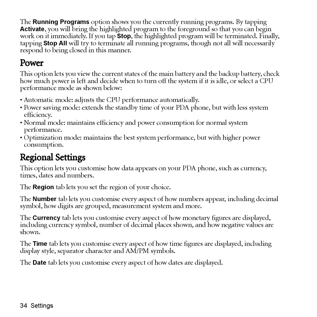 BenQ P51 manual Power, Regional Settings 