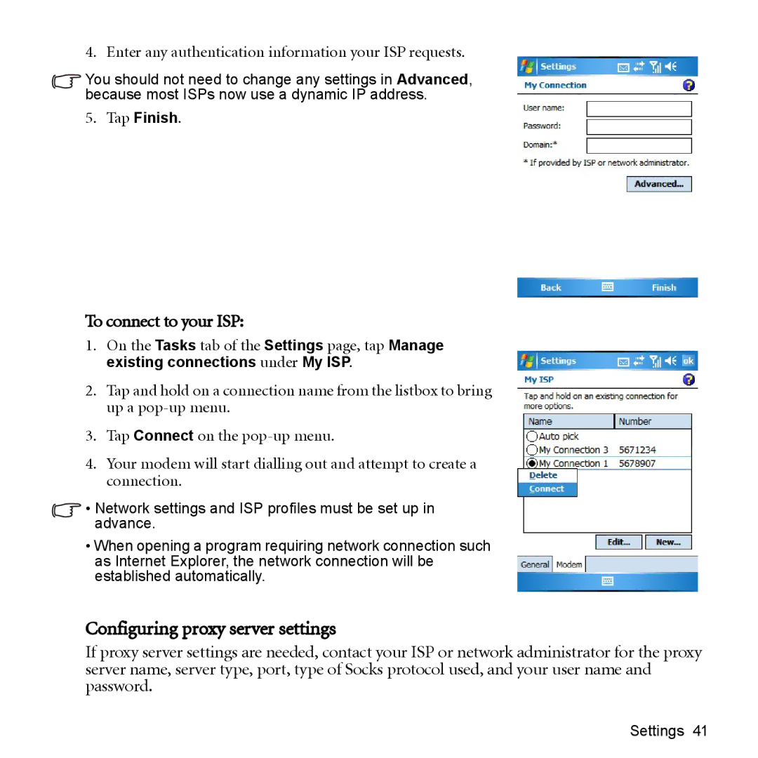 BenQ P51 manual Configuring proxy server settings, To connect to your ISP 