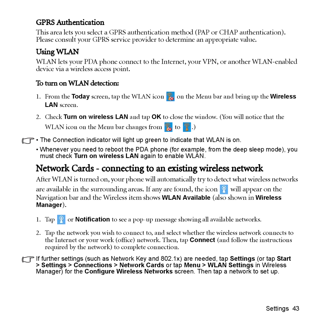 BenQ P51 manual Network Cards connecting to an existing wireless network, Gprs Authentication, Using Wlan 