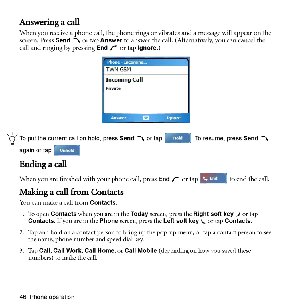 BenQ P51 manual Answering a call, Ending a call, Making a call from Contacts, You can make a call from Contacts 