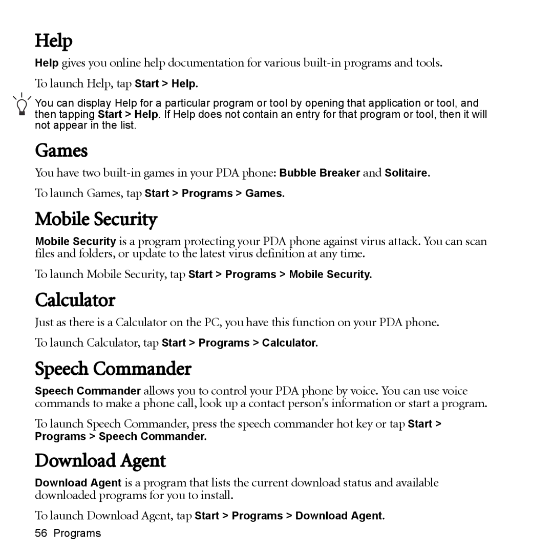 BenQ P51 manual Help, Games, Mobile Security, Calculator, Speech Commander, Download Agent 