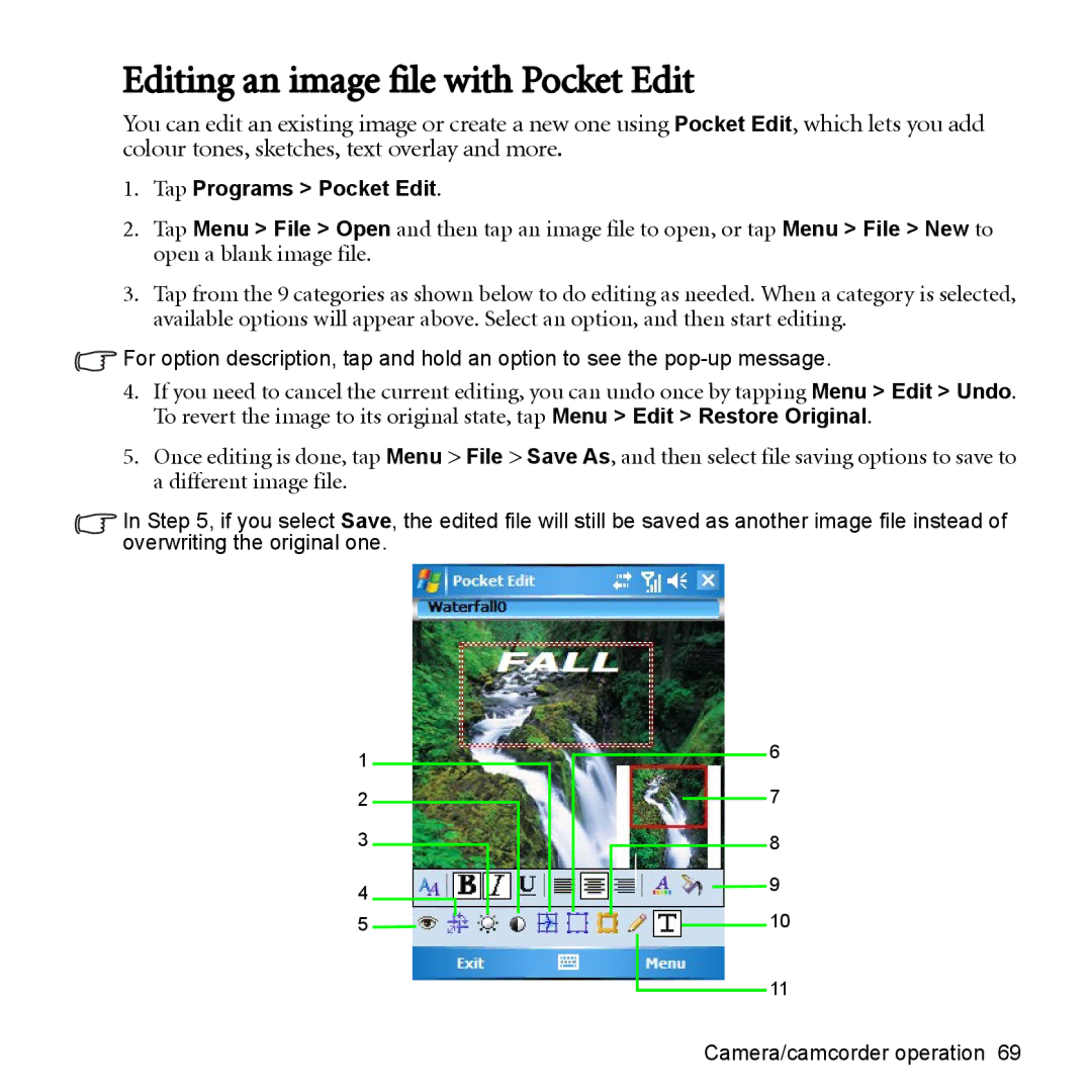 BenQ P51 manual Editing an image file with Pocket Edit, Tap Programs Pocket Edit 