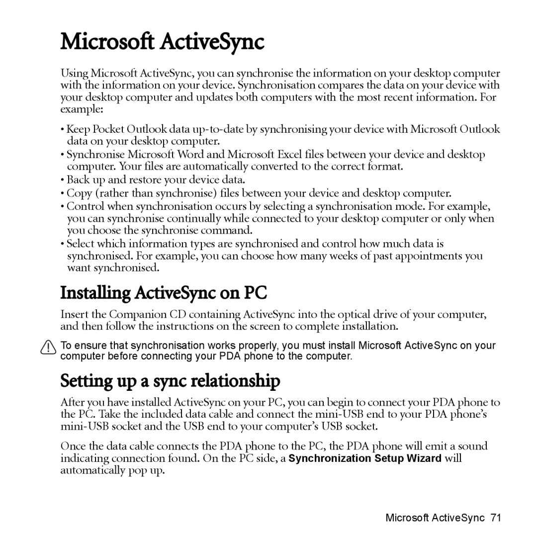 BenQ P51 manual Microsoft ActiveSync, Installing ActiveSync on PC, Setting up a sync relationship 