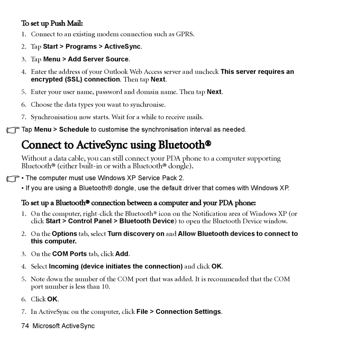 BenQ P51 manual Connect to ActiveSync using Bluetooth, To set up Push Mail 