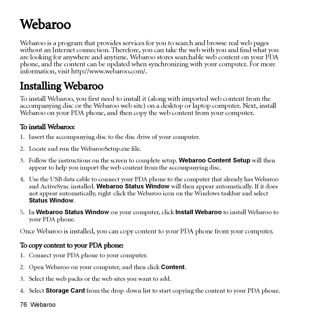 BenQ P51 manual Installing Webaroo, To install Webaroo, To copy content to your PDA phone, Status Window 