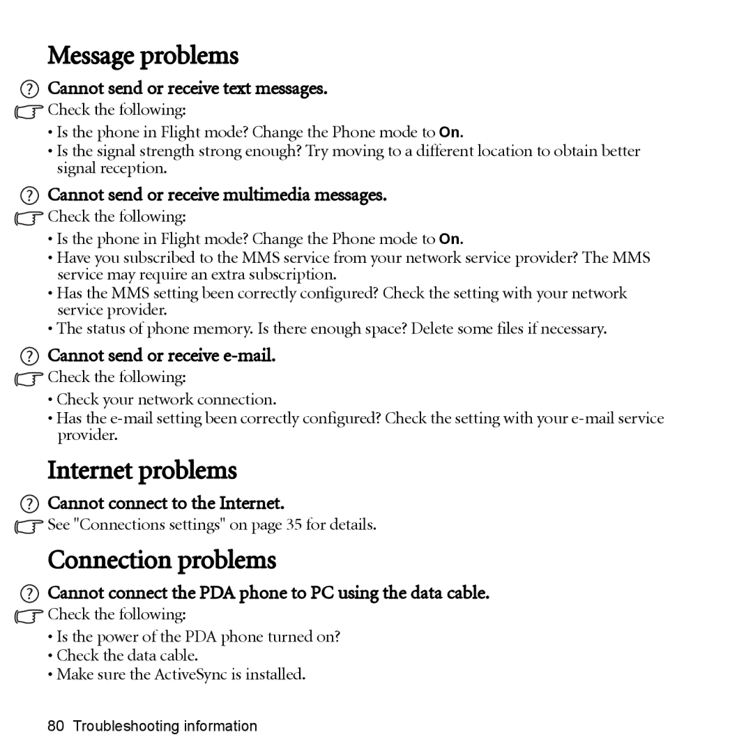 BenQ P51 manual Message problems, Internet problems, Connection problems 