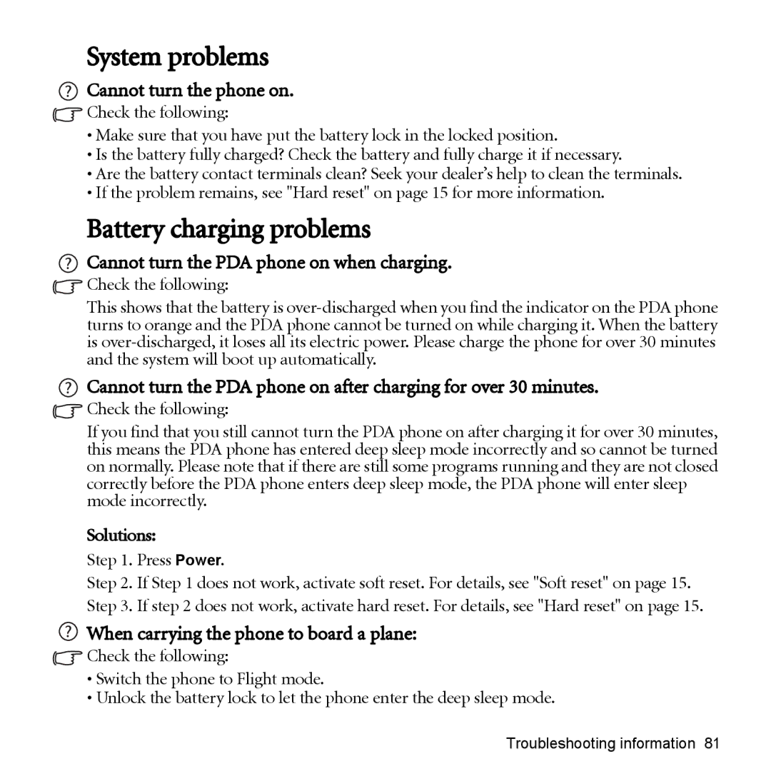 BenQ P51 System problems, Battery charging problems, Cannot turn the phone on, Cannot turn the PDA phone on when charging 