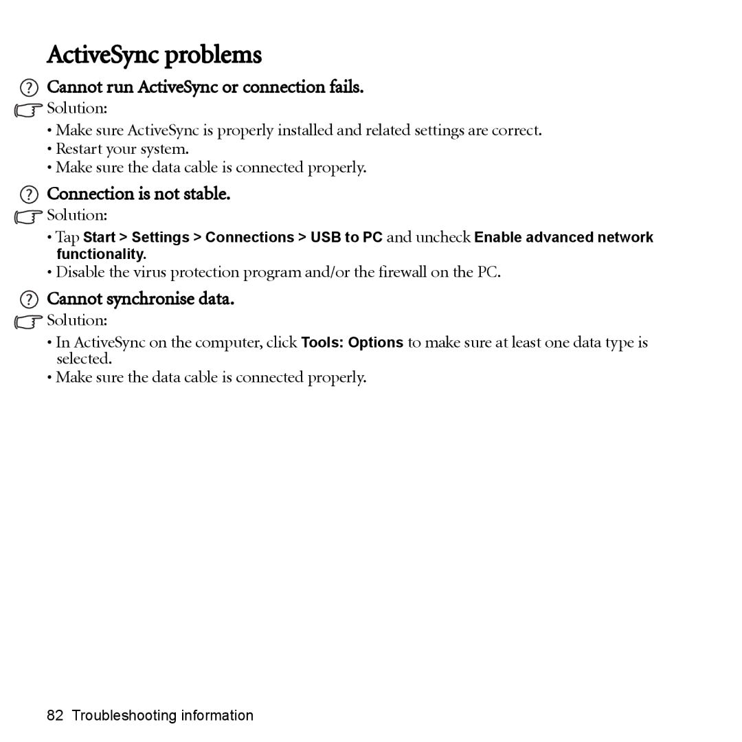 BenQ P51 ActiveSync problems, Cannot run ActiveSync or connection fails, Connection is not stable, Cannot synchronise data 