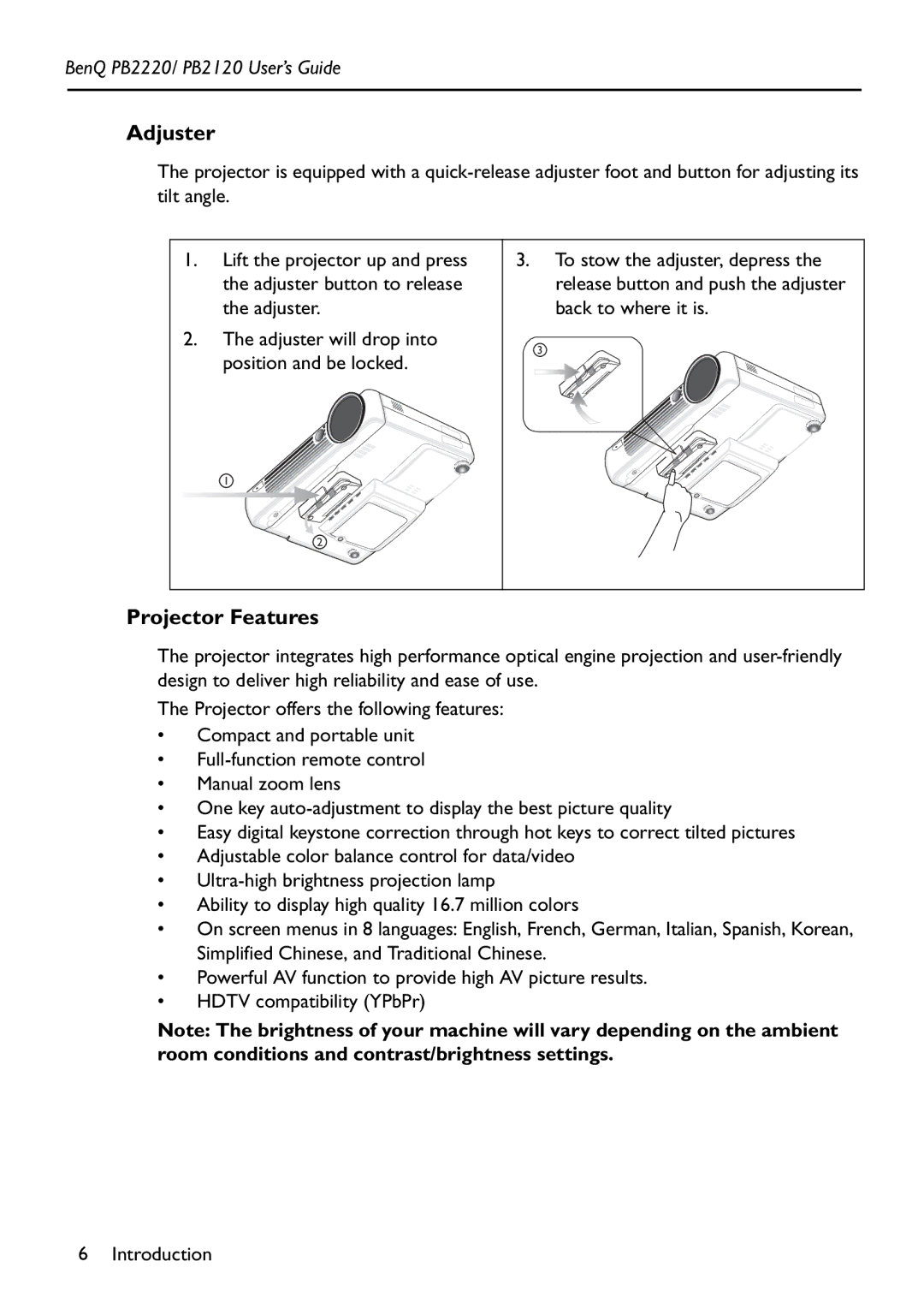 BenQ PB2120 manual Adjuster, Projector Features 