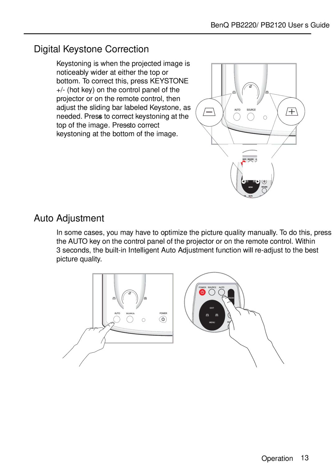 BenQ PB2120 manual Digital Keystone Correction, Auto Adjustment 