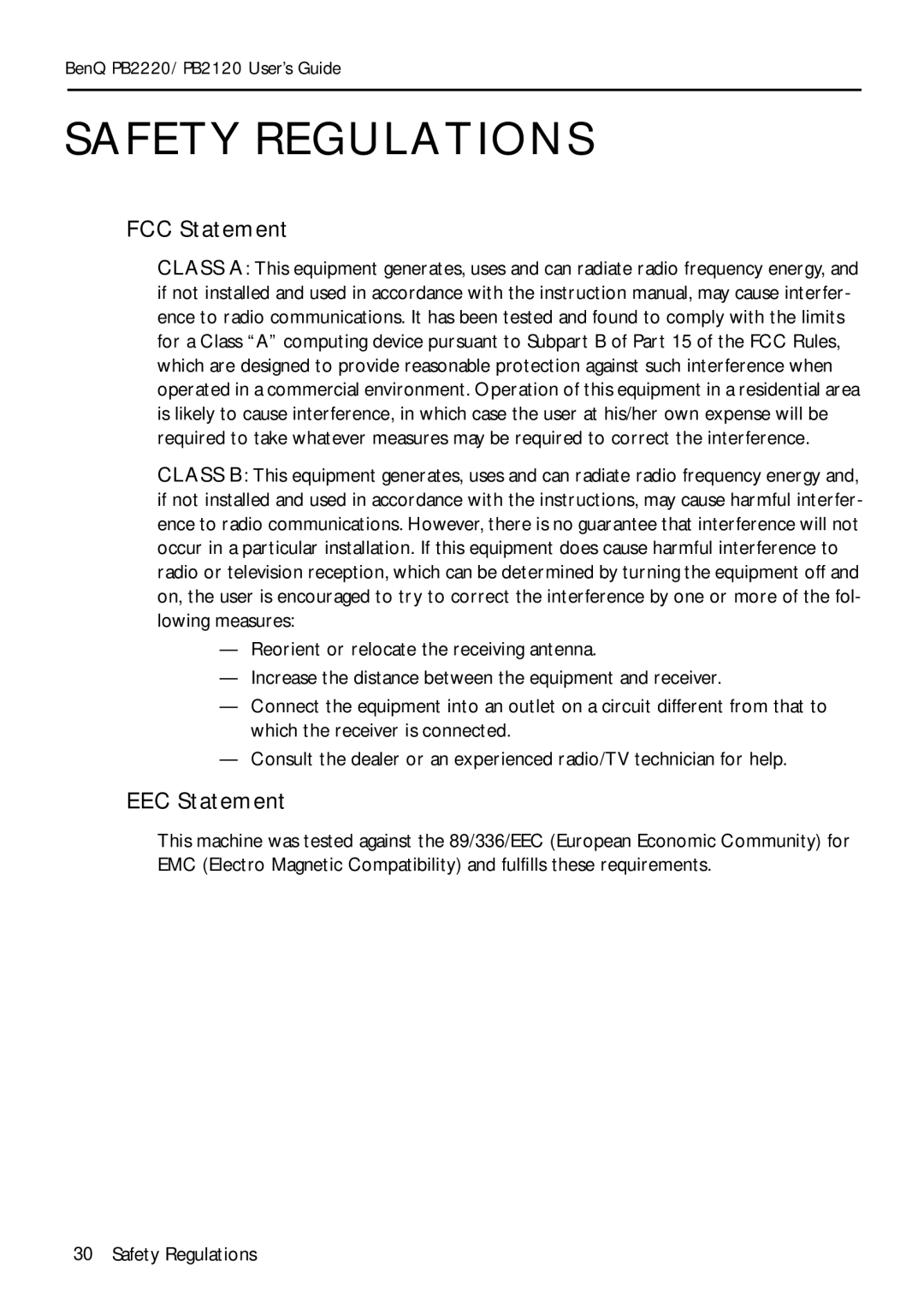 BenQ PB2120 manual Safety Regulations, FCC Statement, EEC Statement 