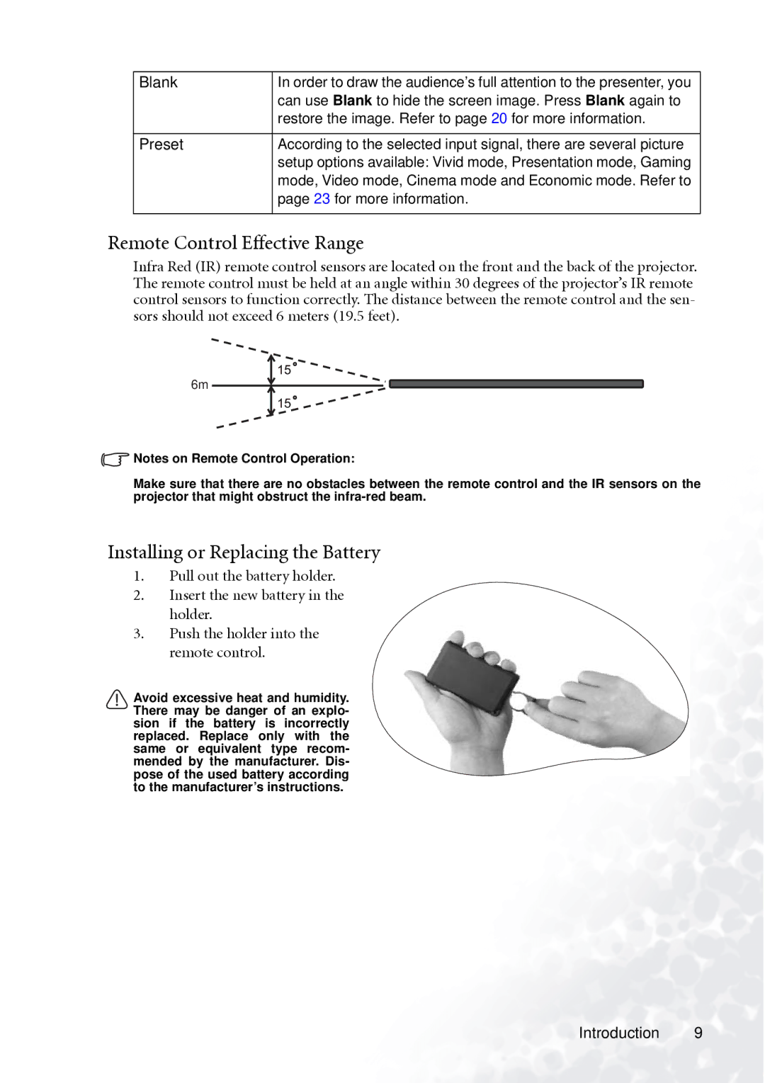 BenQ PB2140/PB2240 user manual Remote Control Effective Range, Installing or Replacing the Battery 