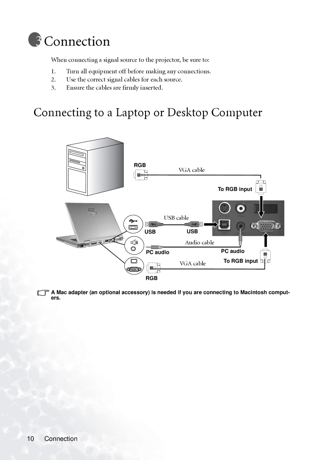 BenQ PB2140/PB2240 user manual Connection, Connecting to a Laptop or Desktop Computer 