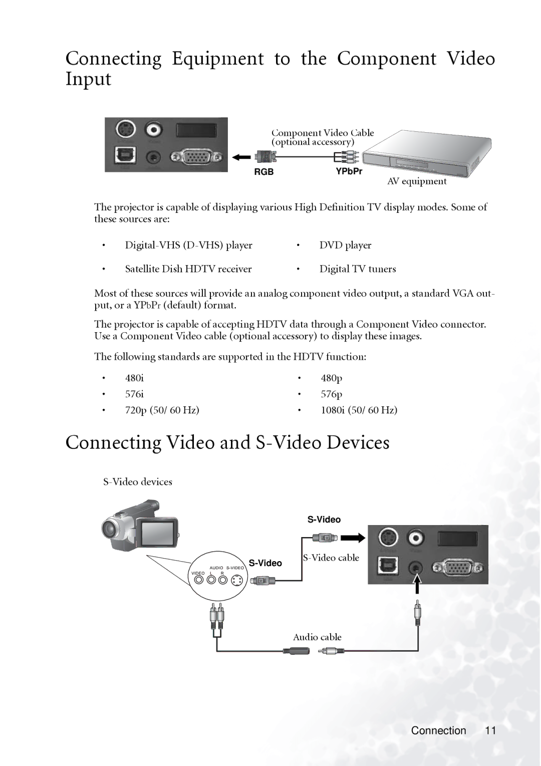 BenQ PB2140/PB2240 Connecting Equipment to the Component Video Input, Connecting Video and S-Video Devices, Video devices 