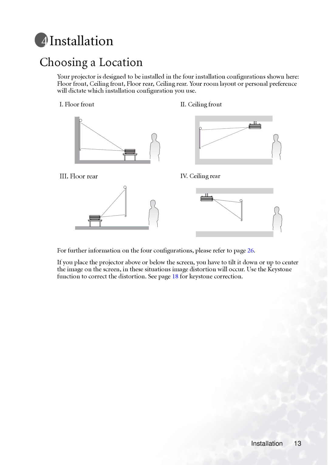 BenQ PB2140/PB2240 user manual Installation, Choosing a Location, IV. Ceiling rear 