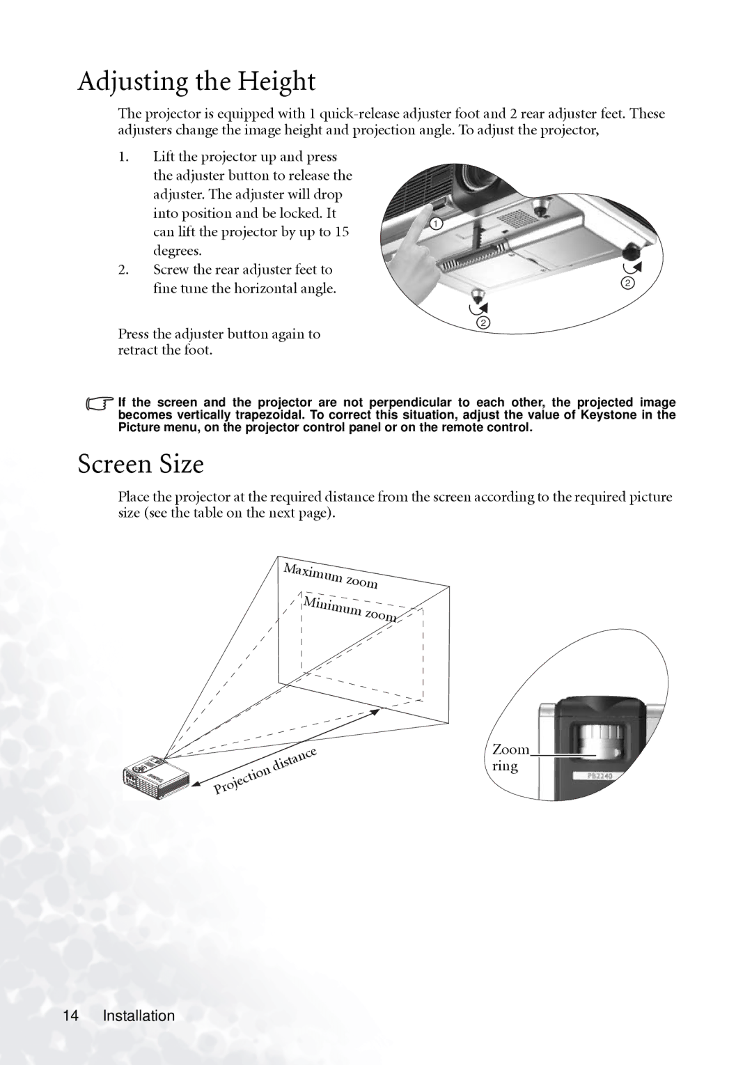 BenQ PB2140/PB2240 user manual Adjusting the Height, Screen Size, Press the adjuster button again to retract the foot 