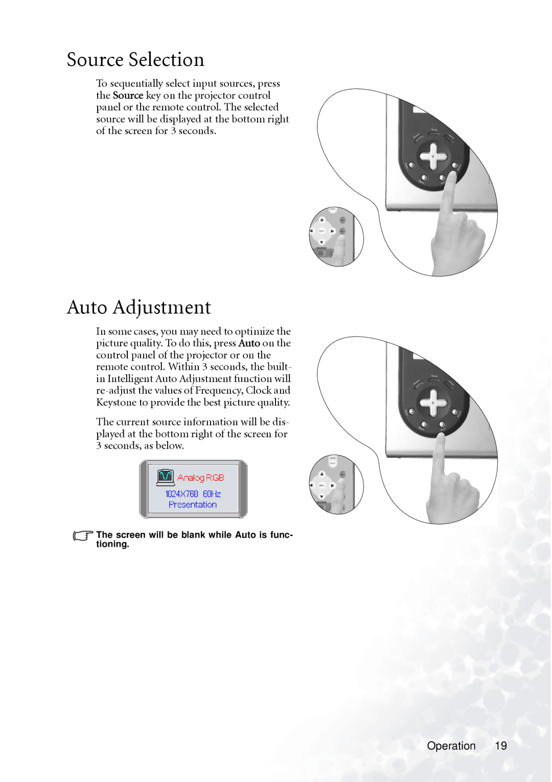 BenQ PB2140/PB2240 user manual Source Selection, Auto Adjustment 