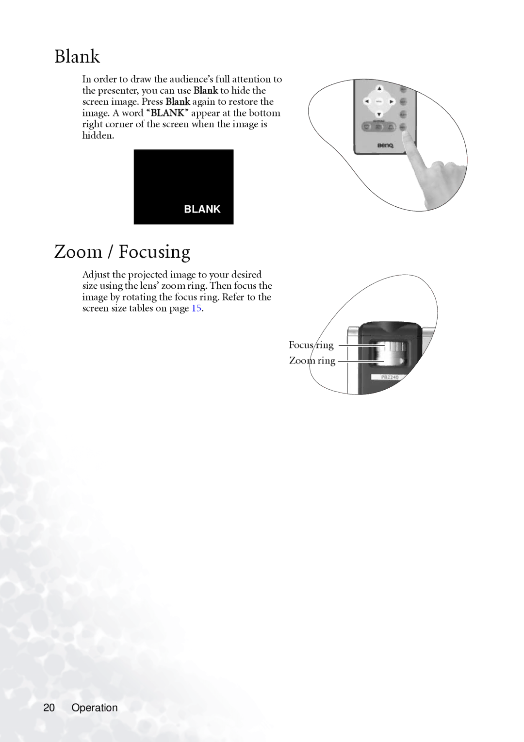 BenQ PB2140/PB2240 user manual Blank, Zoom / Focusing 