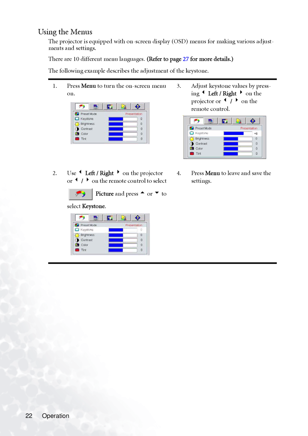 BenQ PB2140/PB2240 user manual Using the Menus 