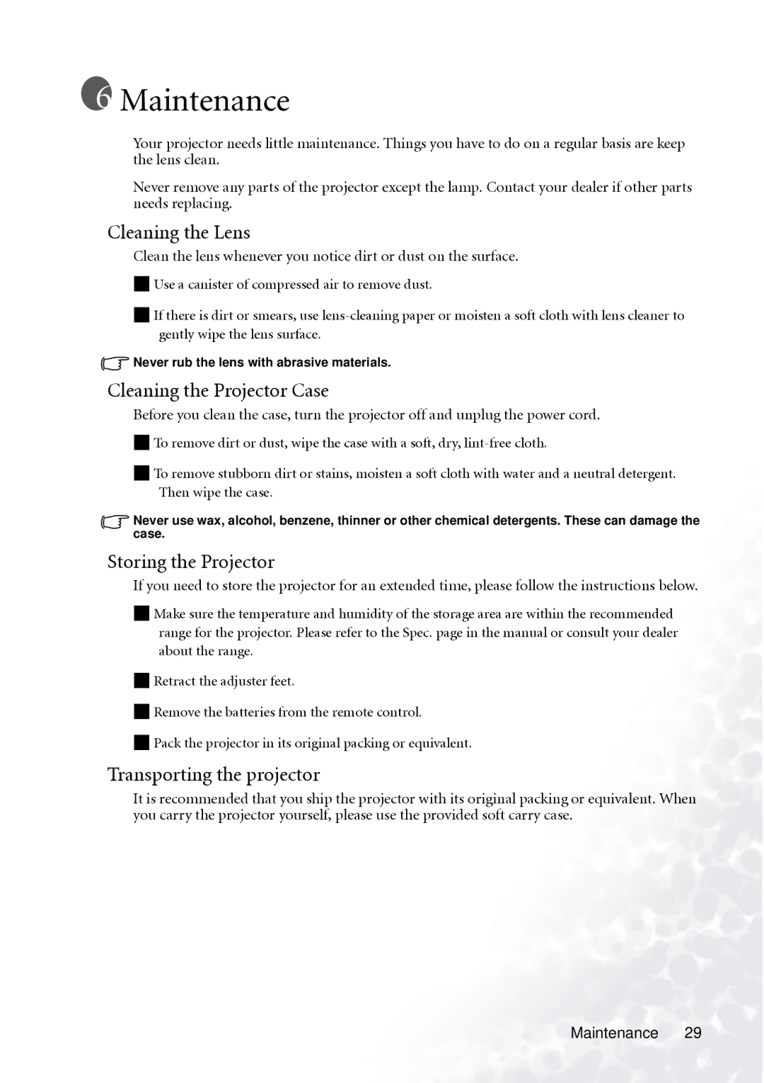 BenQ PB2140/PB2240 user manual Maintenance, Cleaning the Lens, Cleaning the Projector Case, Storing the Projector 