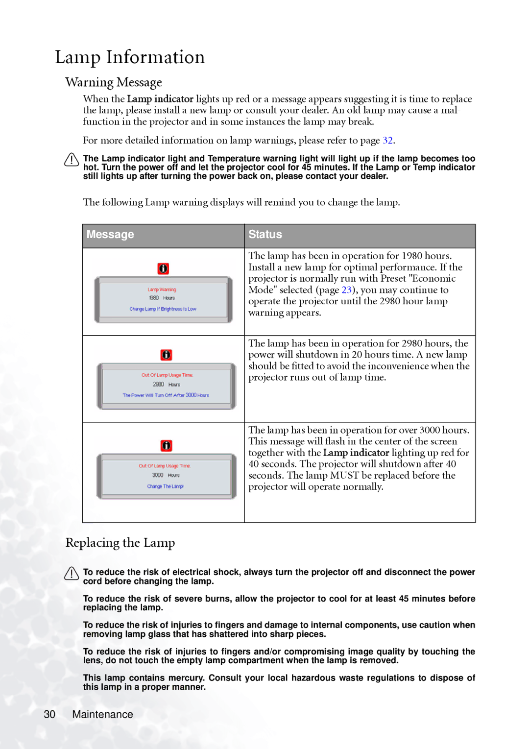 BenQ PB2140/PB2240 user manual Lamp Information, Replacing the Lamp, Message Status 