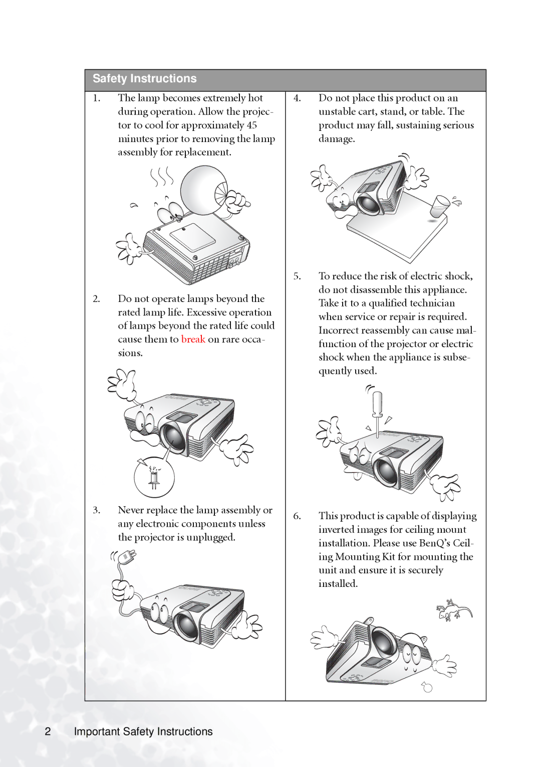 BenQ PB2140/PB2240 user manual Safety Instructions 