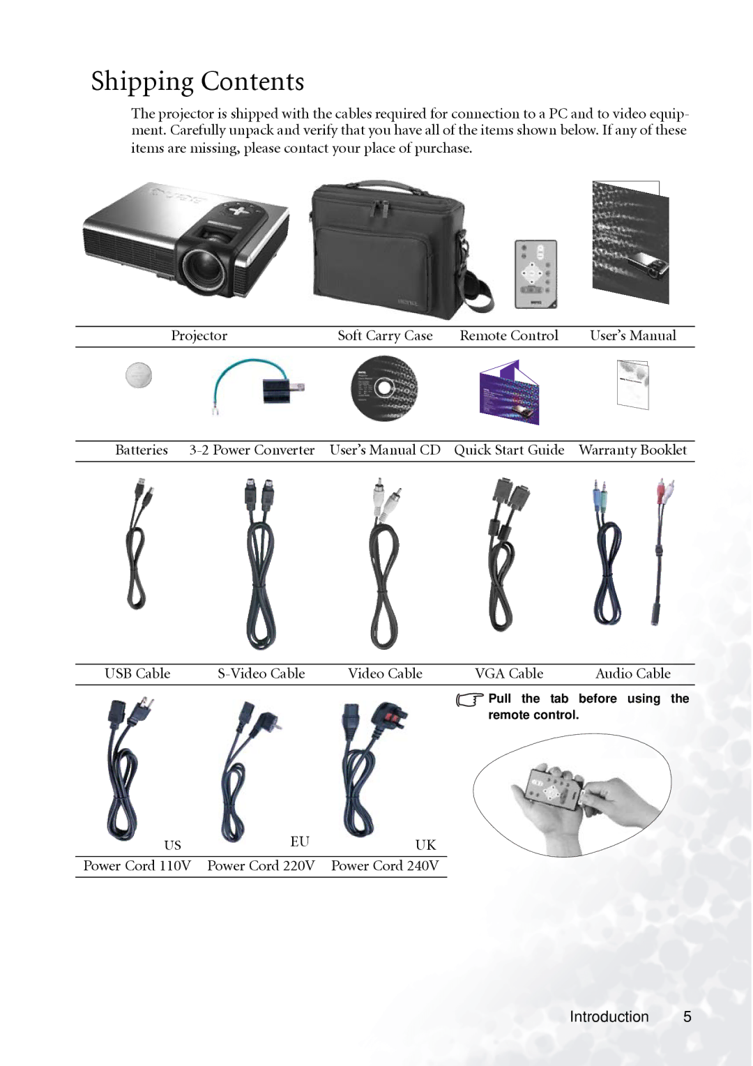 BenQ PB2140/PB2240 user manual Shipping Contents 