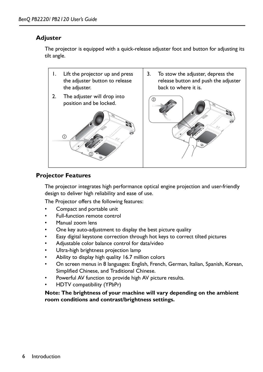 BenQ PB2220/ PB2120 manual Adjuster, Projector Features 