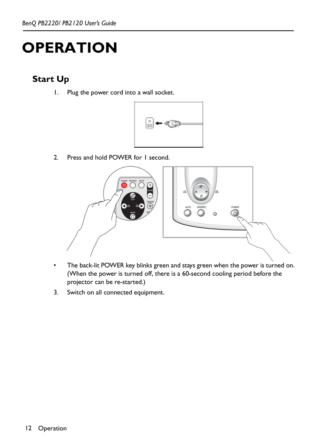 BenQ PB2220/ PB2120 manual Operation, Start Up 