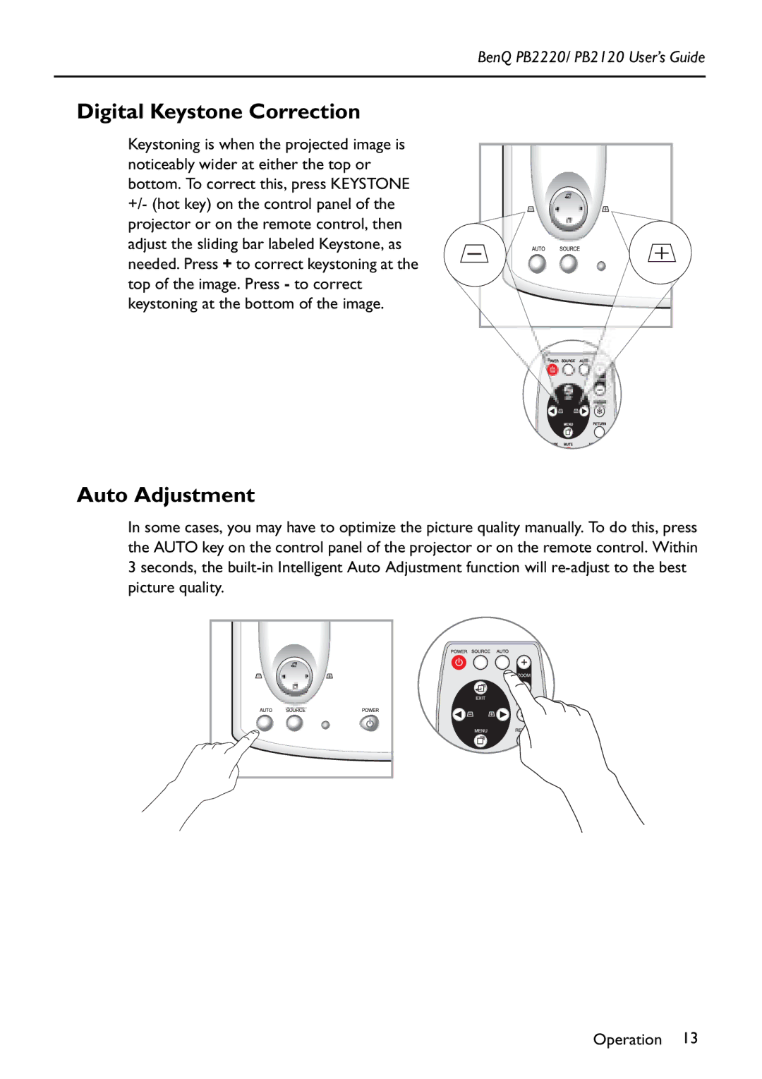 BenQ PB2220/ PB2120 manual Digital Keystone Correction, Auto Adjustment 