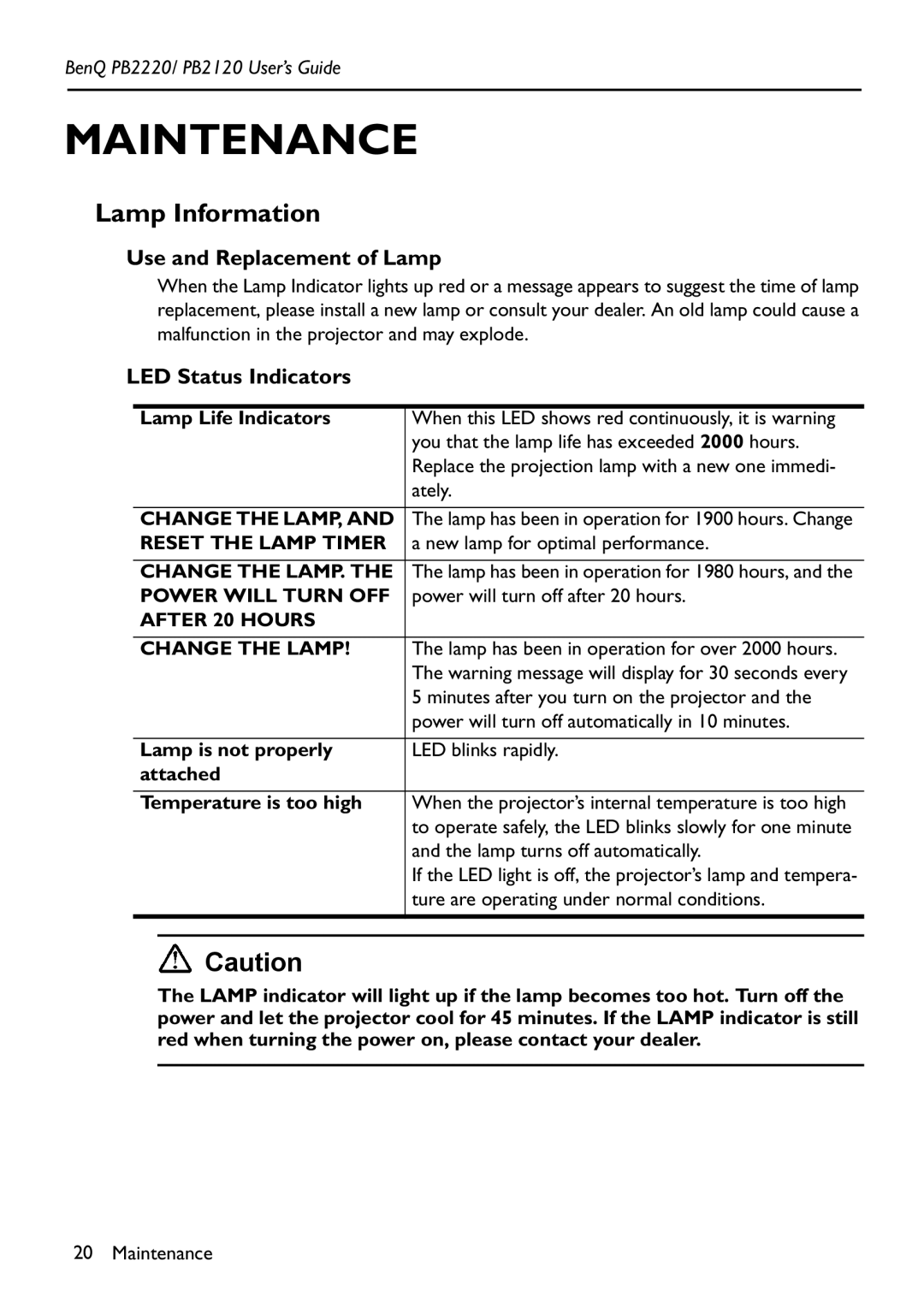 BenQ PB2220/ PB2120 manual Maintenance, Lamp Information, Use and Replacement of Lamp, LED Status Indicators 