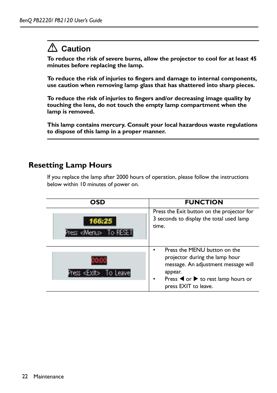 BenQ PB2220/ PB2120 manual Resetting Lamp Hours, OSD Function 