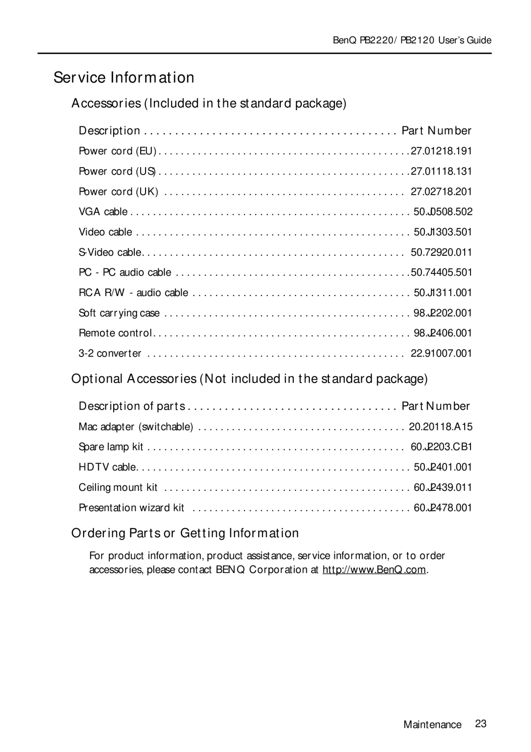 BenQ PB2220/ PB2120 manual Service Information, Accessories Included in the standard package 