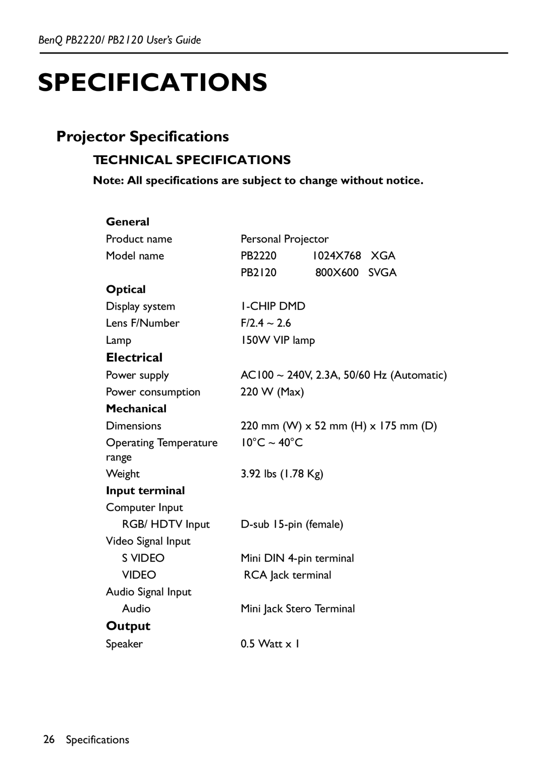 BenQ PB2220/ PB2120 manual Projector Specifications, Electrical, Output 