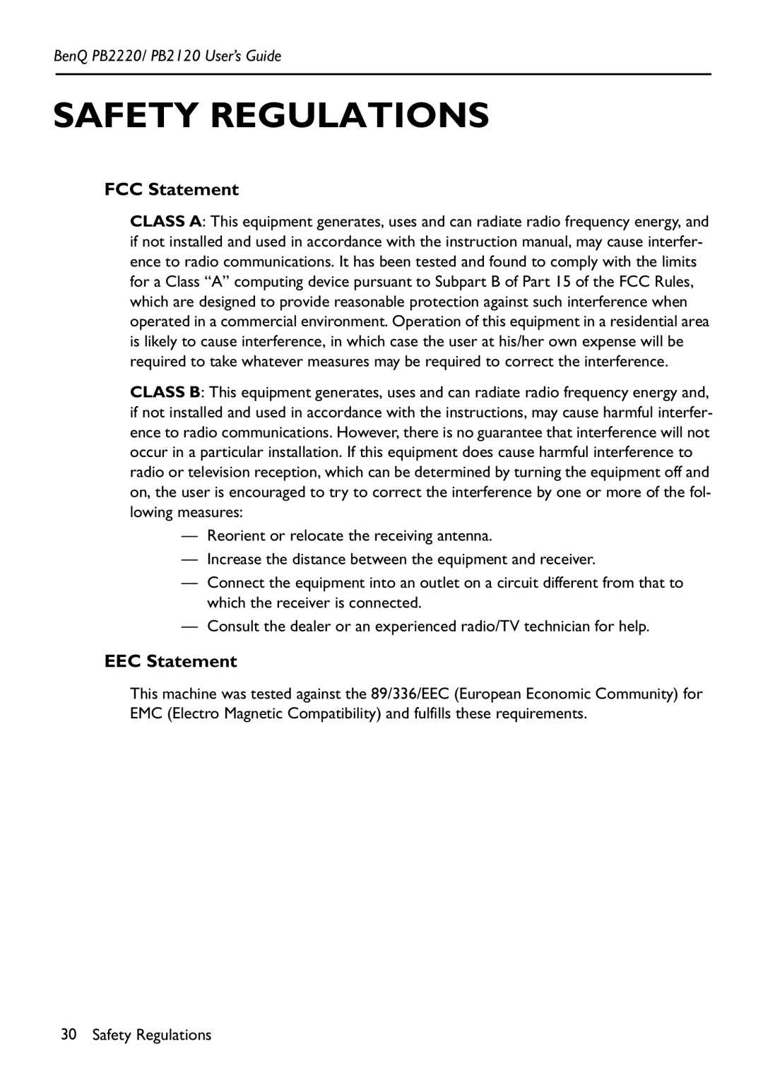 BenQ PB2220/ PB2120 manual Safety Regulations, FCC Statement, EEC Statement 