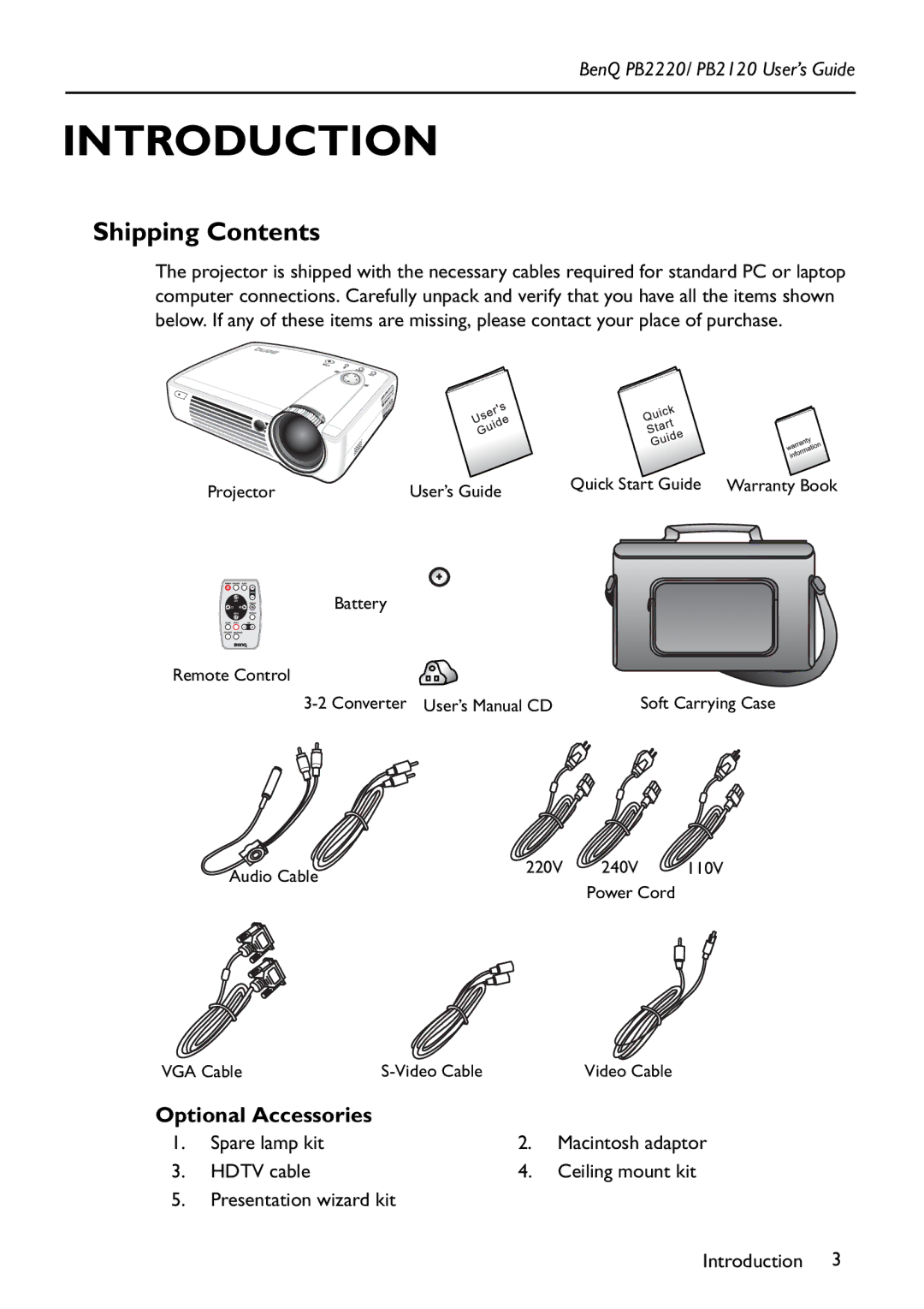 BenQ PB2220/ PB2120 manual Introduction, Shipping Contents 