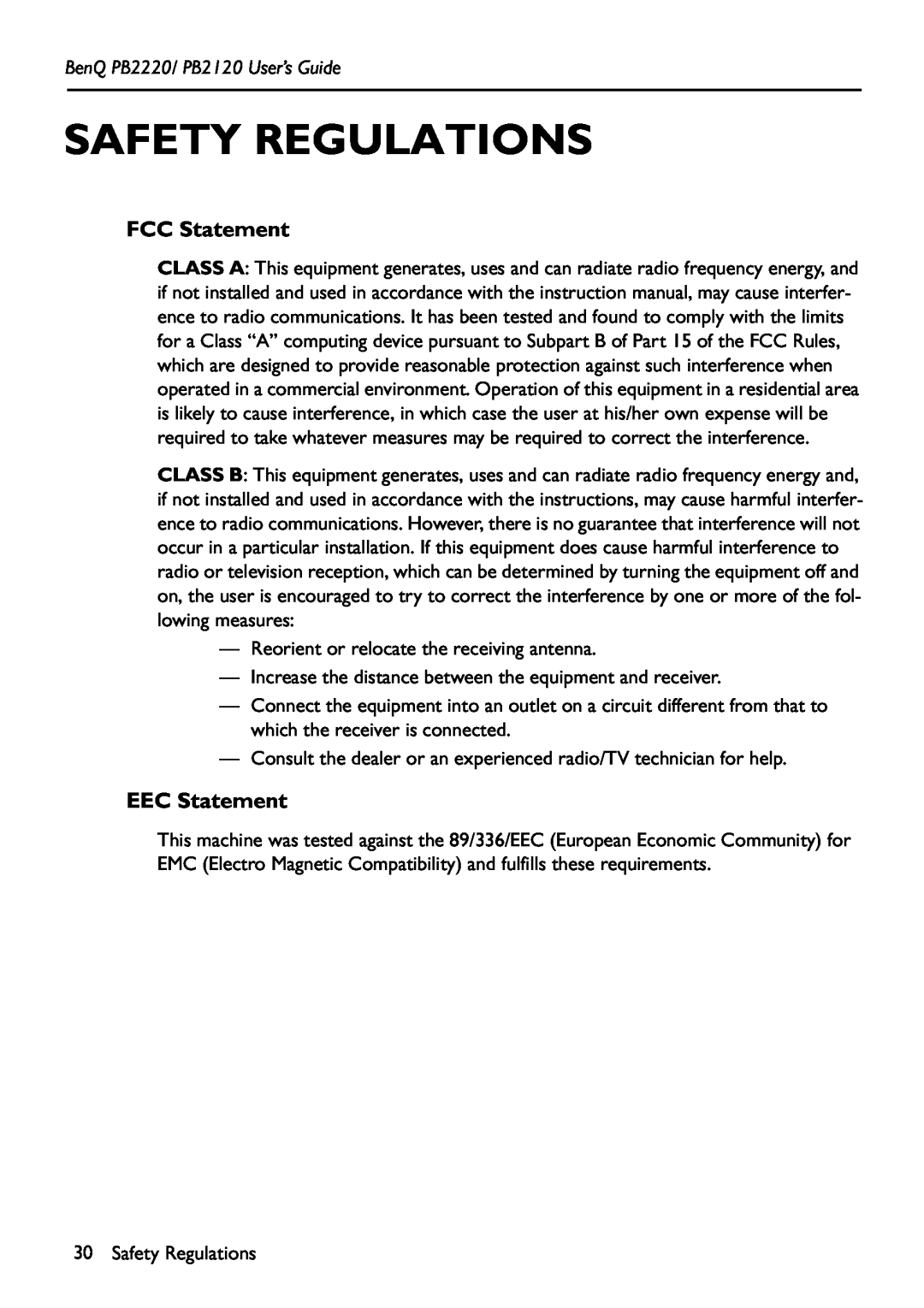 BenQ manual Safety Regulations, FCC Statement, EEC Statement, BenQ PB2220/ PB2120 User’s Guide 
