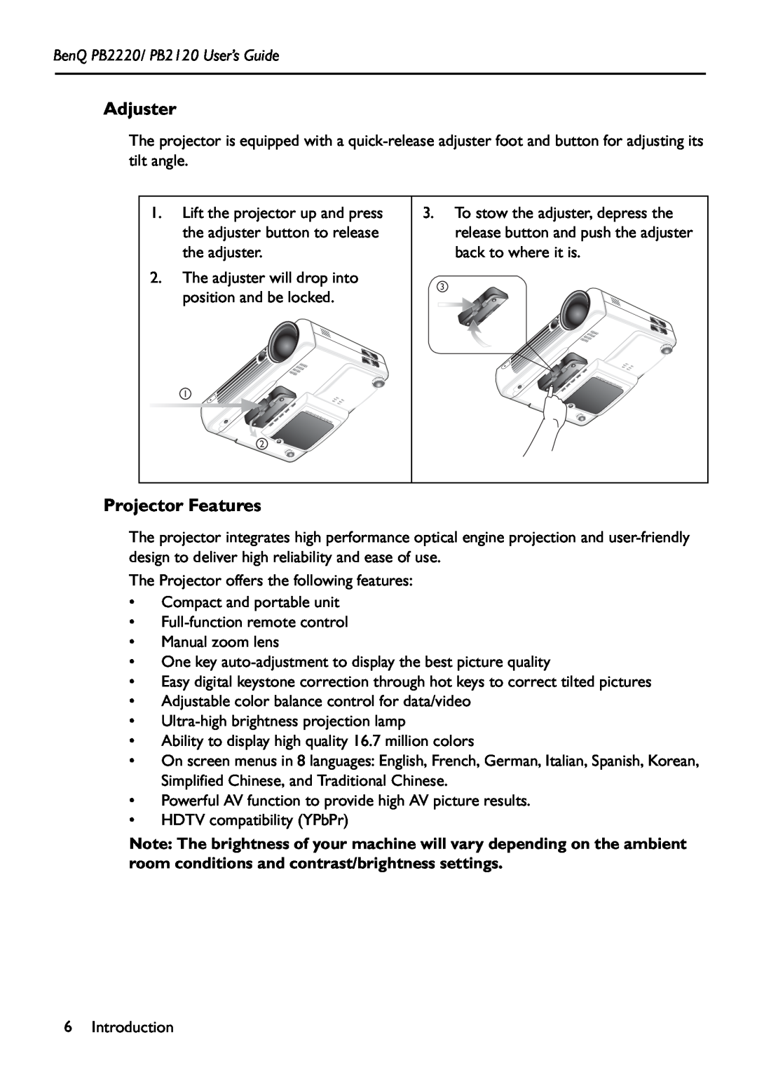 BenQ manual Adjuster, Projector Features, BenQ PB2220/ PB2120 User’s Guide 