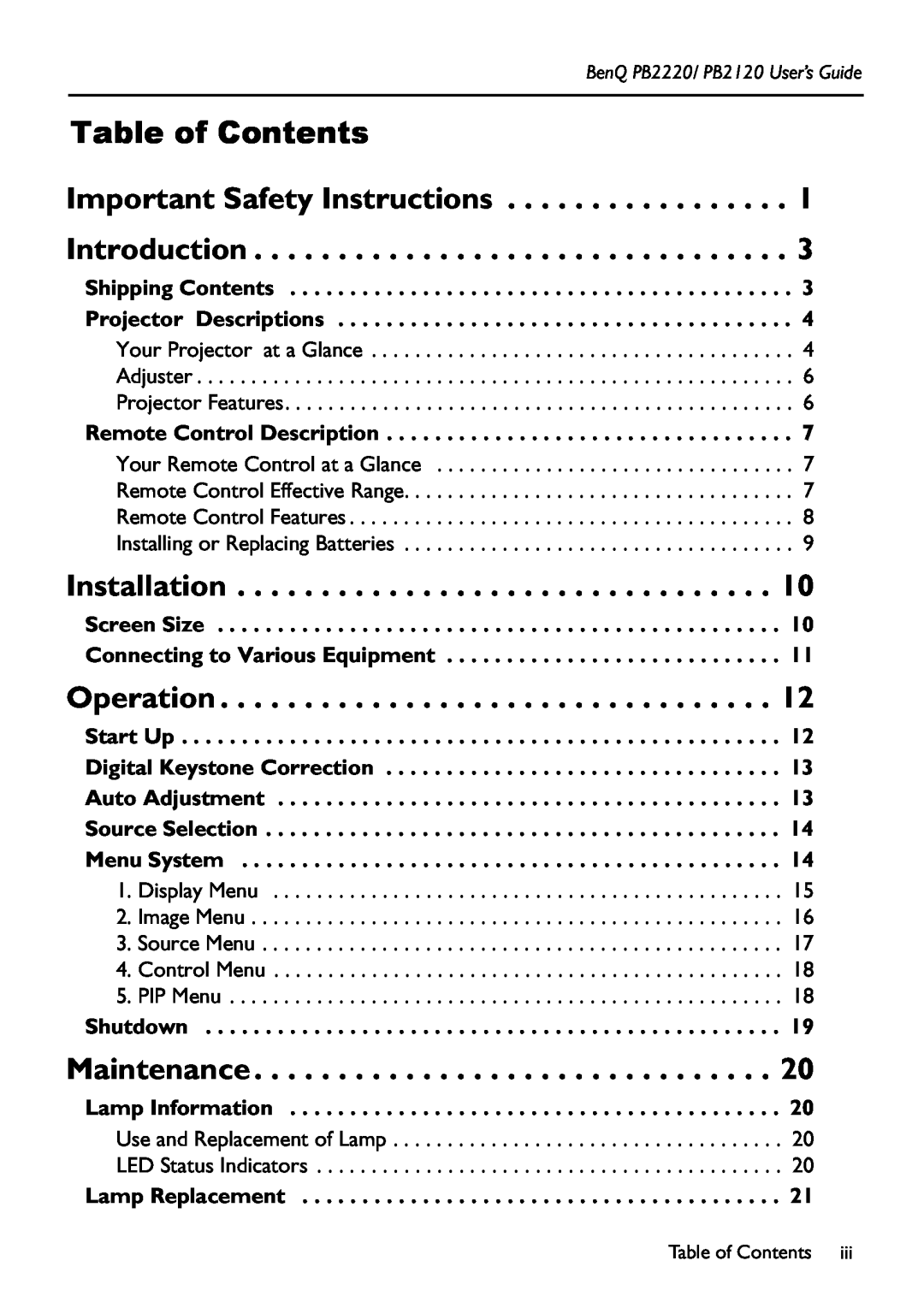 BenQ PB2220 manual Table of Contents, Installation, Operation, Maintenance, Remote Control Description, Menu System 