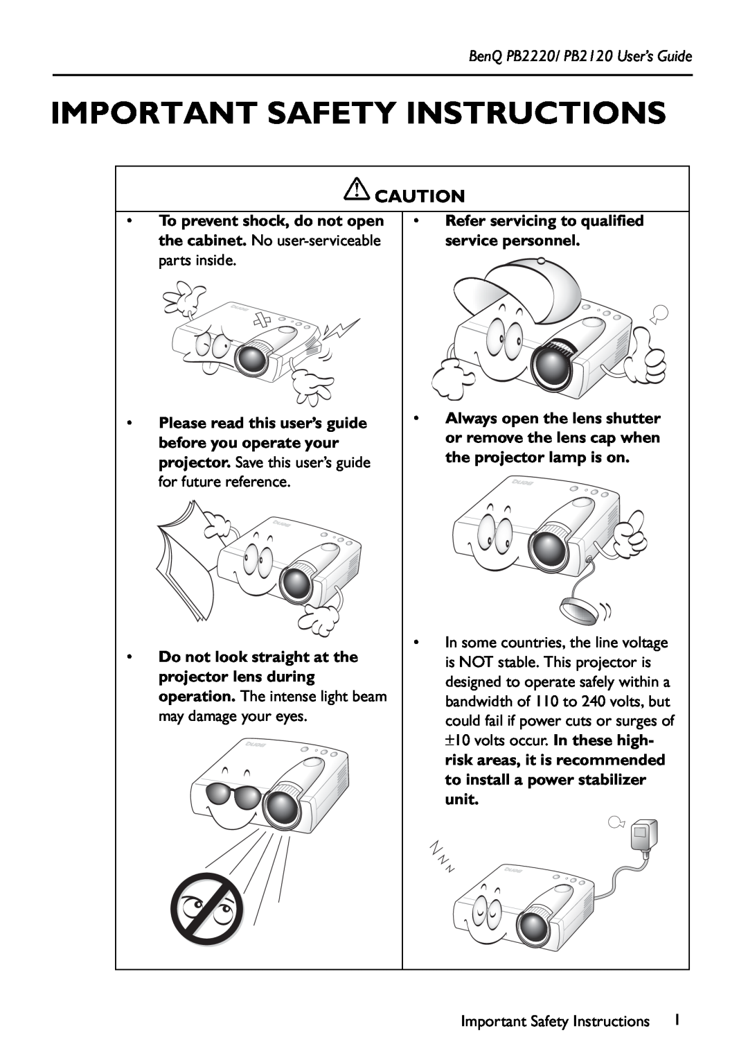 BenQ manual Important Safety Instructions, BenQ PB2220/ PB2120 User’s Guide 