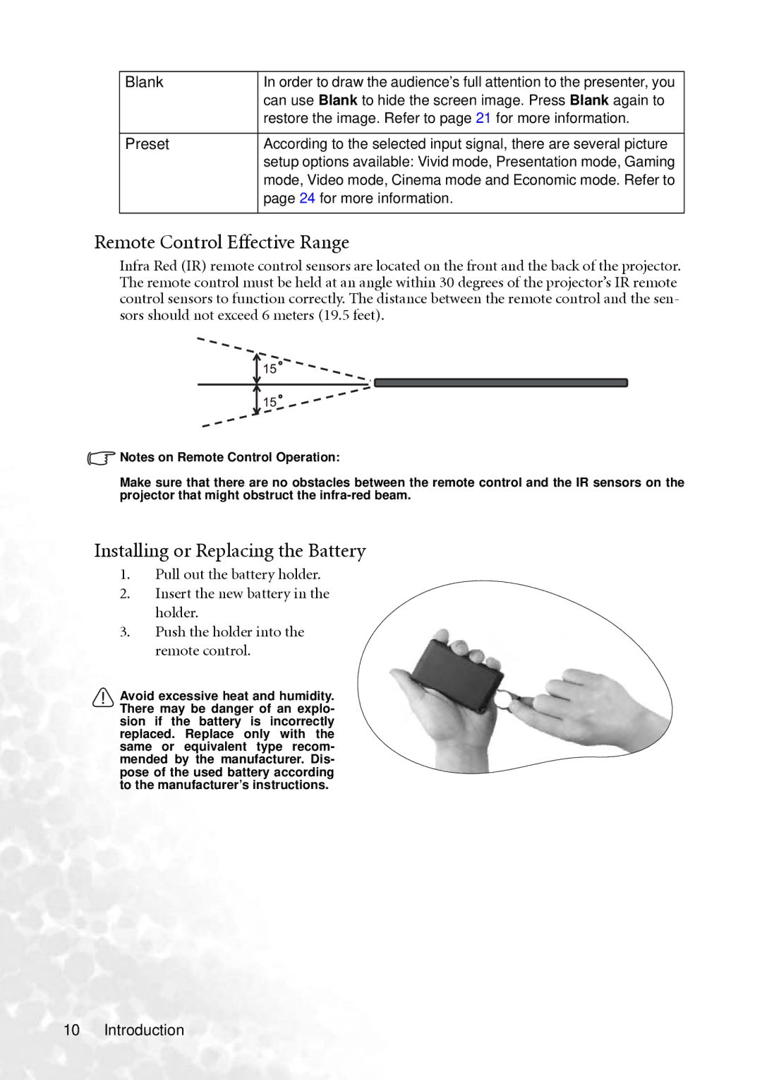 BenQ PB2240 user manual Remote Control Effective Range, Installing or Replacing the Battery 