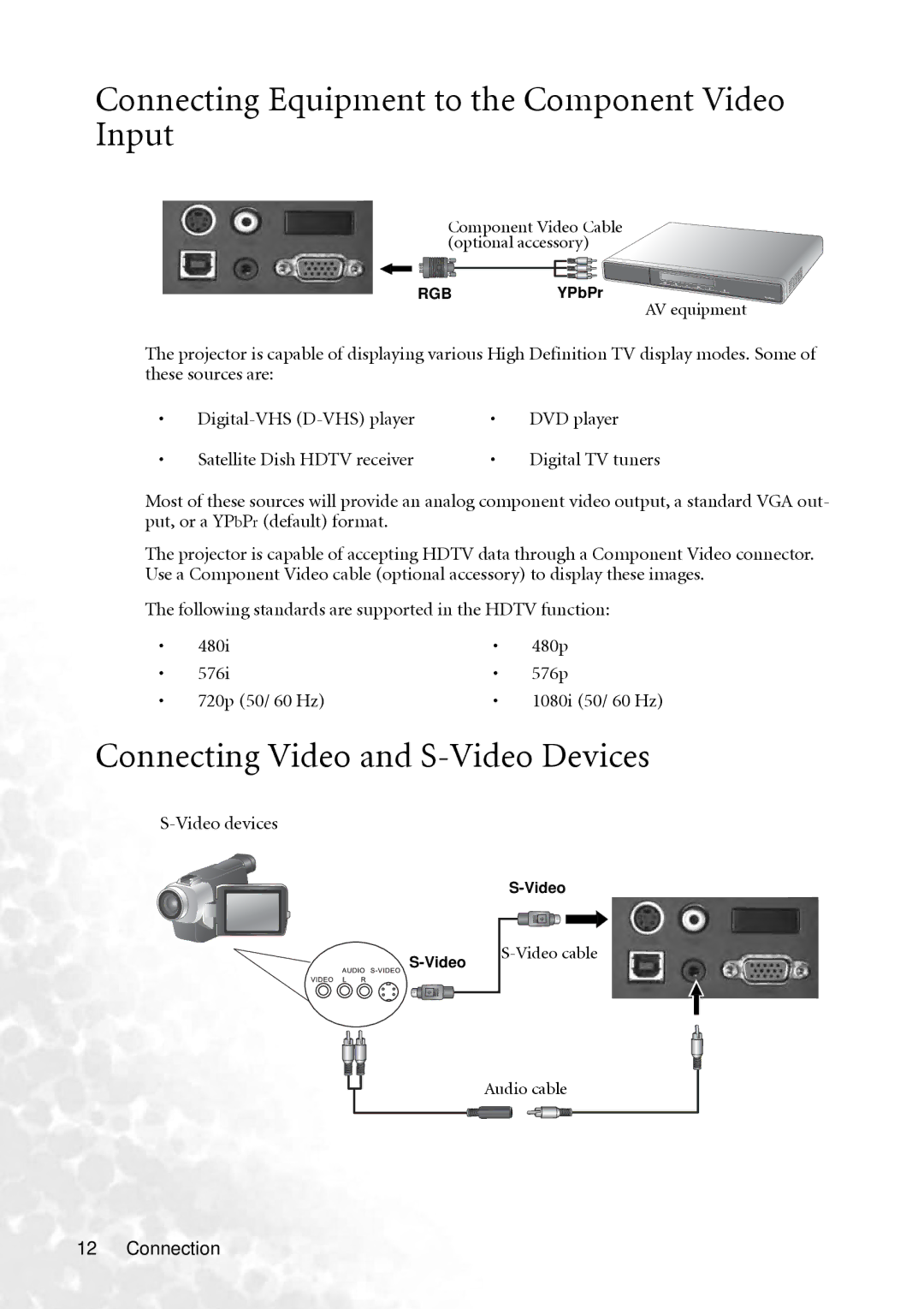 BenQ PB2240 Connecting Equipment to the Component Video Input, Connecting Video and S-Video Devices, Video devices 