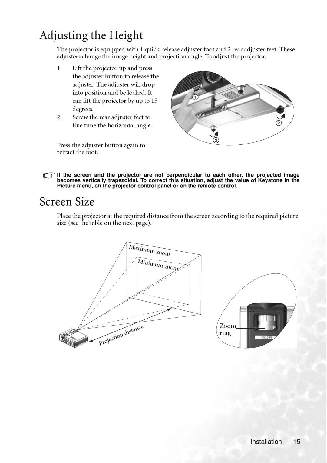 BenQ PB2240 user manual Adjusting the Height, Screen Size, Press the adjuster button again to retract the foot, Oom 