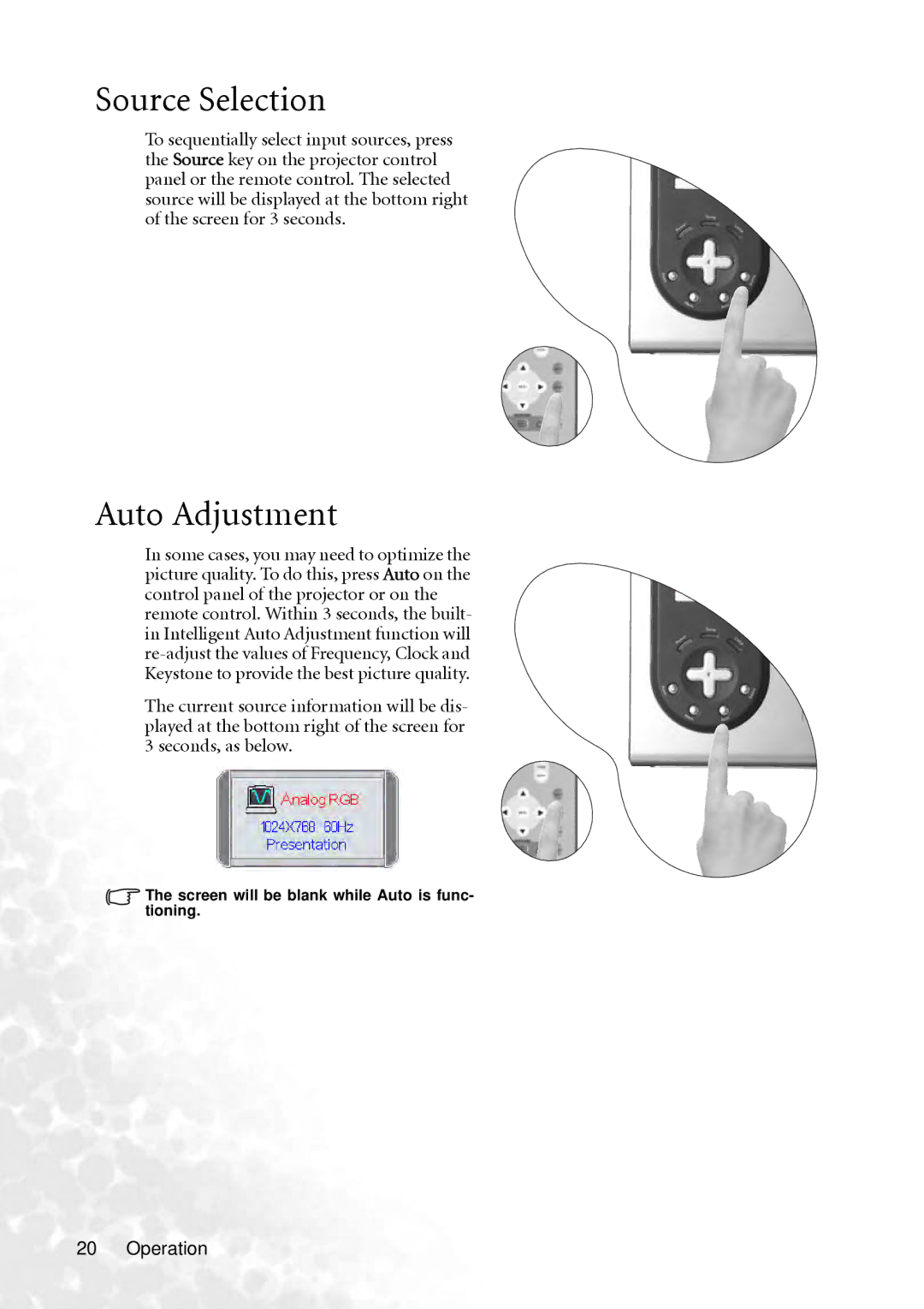 BenQ PB2240 user manual Source Selection, Auto Adjustment 