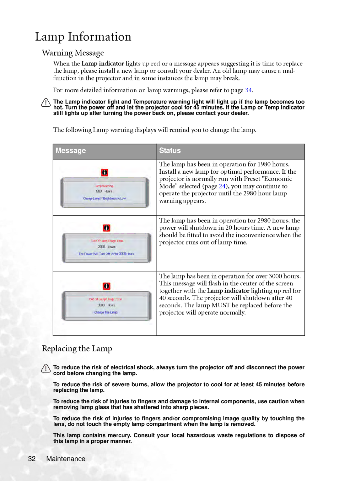 BenQ PB2240 user manual Lamp Information, Replacing the Lamp, Message Status 