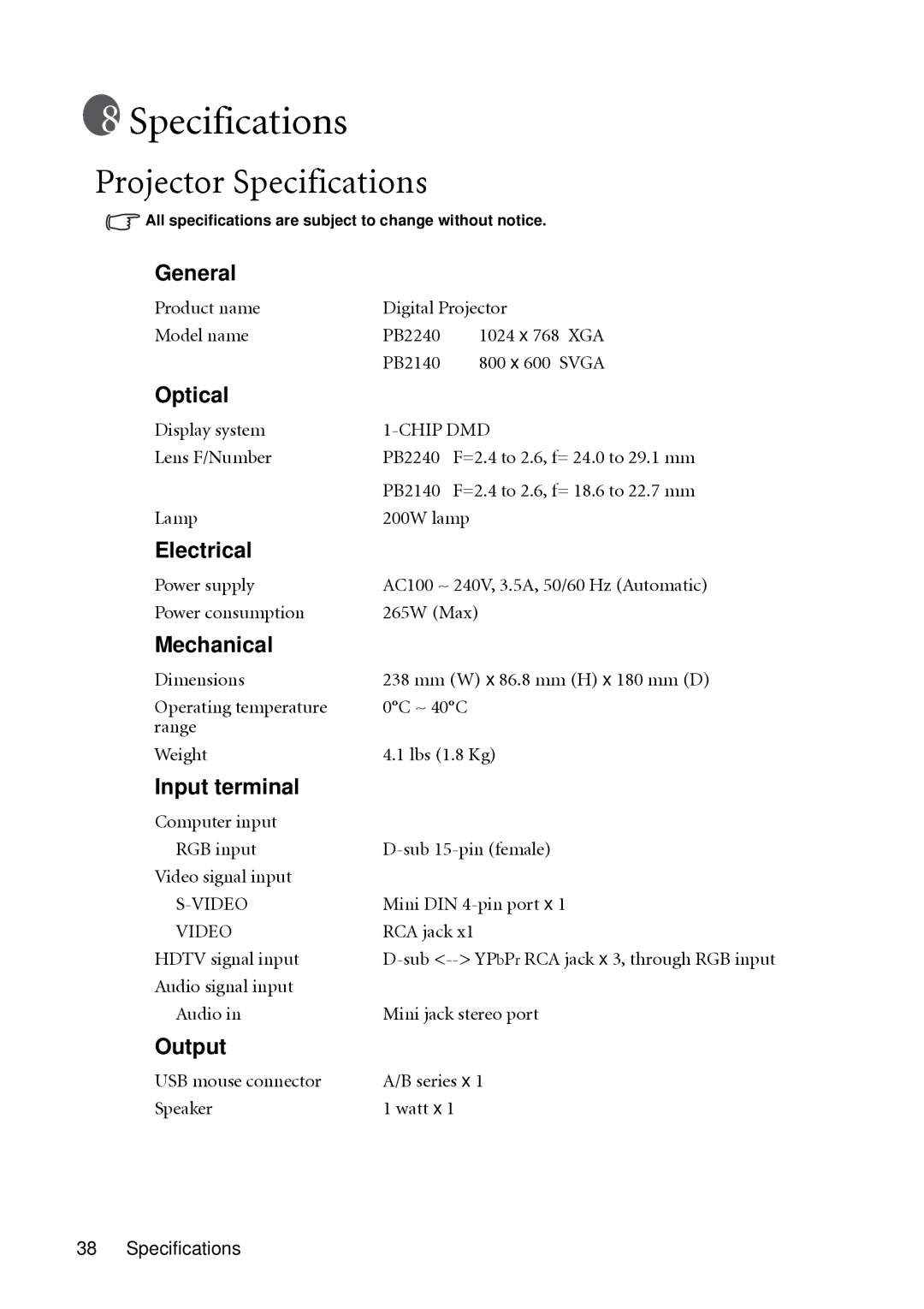 BenQ PB2240 user manual Projector Specifications 