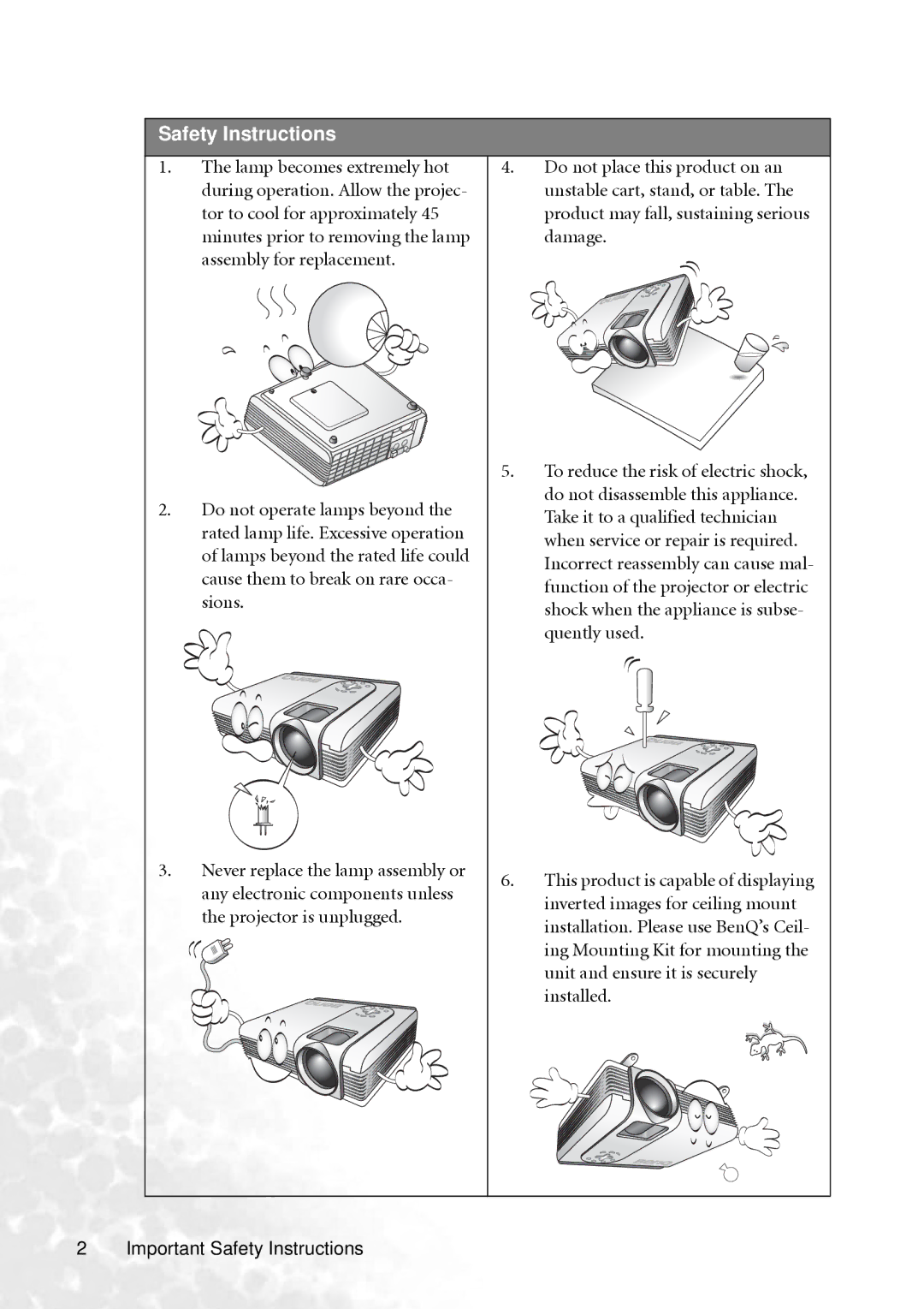 BenQ PB2240 user manual Safety Instructions 